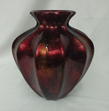 Red & Gold On Black Glazed Fluted Vase - 10.5