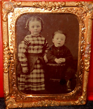 1/9th Size Tintype of young siblings in brass mat/frame picture