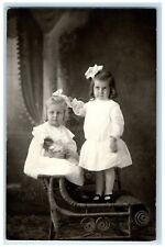 c1910's Cute Little Girls With Doll Studio Portrait RPPC Photo Antique Postcard picture