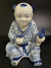 Vintage Oriental Boy Buddha Style Asian Porcelain Blue White Holding Flower picture