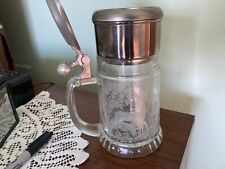 GERMAN  BEER STEIN ETCHED GLASS SCENE W/DEER AND PEWTER TOP AND TEA STRAINER picture