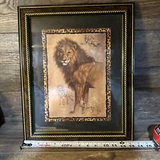 J Gibson Signed Home Interiors Africa Safari Lion Print Wood Frame 16”x 14”x1”. picture