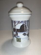 vintage field & stream white canister with quails & cabin picture  picture