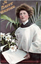 Raphael Tuck - 1909 Happy Easter Postcard - Woman Sings, Lily, Choir Psalms picture