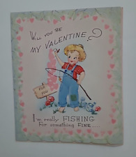 UNUSED 1940s Vtg BOY Fishing For Something Fine BE MY VALENTINE Old Stock CARD picture