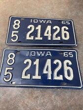 Vintage 1965 Iowa License Plate Pair Metal Original,  Blue & White 2 Plates picture