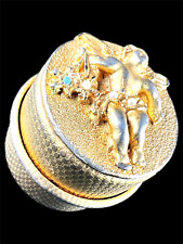 Vintage Gold-Tone Pill Box Bejeweled 3D Cupid Hollywood Regency Style Double Lid picture