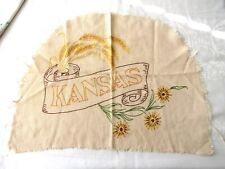 Vintage Hand Embroidered Linen Kansas Beige Wheat Sunflower 20 1/2