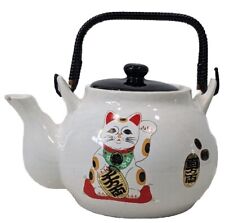 VTG Lucky Cat Japanese Teapot Maneki Neko Stoneware Well Seasoned Crazing Chip picture