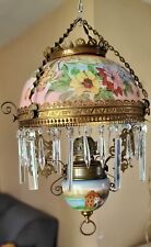 Victorian Hanging Oil Parlor  Library Lamp  1800s Hand Painted Brass Crystals picture