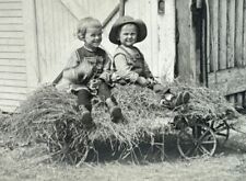 Antique RPPC Young Children Boy Girl Hay Wagon Farm Barn Bib Overalls 1911 picture