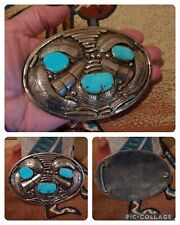 HUGE 5.25 x 3.75” VINTAGE Navajo SILVER & TURQUOISE Decorated BELT BUCKLE (168g) picture
