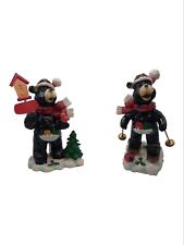 Adorable Pair Black Bears in Santa Hat Christmas Figurines Skiing Bird House picture