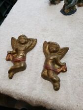 Vintage Pair Of 2 Cherubs Angels Chalkware 1960’s Gold  picture