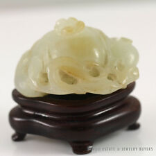  IMPORTANT 19C CHINESE MUTTON FAT WHITE JADE SCULPTURE PENDANT & WOODEN BASE picture