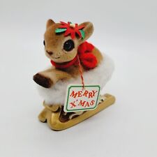 Vintage Josef Originals Flocked Fawn Deer Sleigh Christmas Small Figurine Figure picture
