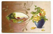 Yellow Roses Birthday Greeting Postcard Scenic Embossed c1910 picture