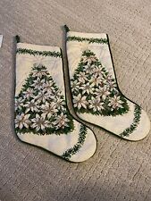 Two Vintage Poinsettia Flower Christmas Tree Handmade Needlepoint Stockings picture