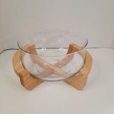 VTG Mid Century Modern Glass Bowl Teak Wood Cradle STAND Rack BASE Serving Dish picture