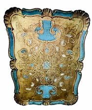 Stunning Vintage Gold & Turquoise Blue Wood Carved Italian Tray 19” x 14” MCM picture