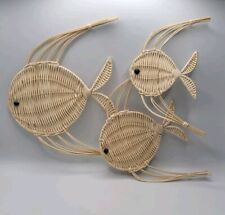 Vintage Wicker Rattan Fish Wall Hanging S/3 • Boho Nautical • Mid Century  picture