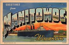 MANITOWOC, Wisconsin Large Letter Postcard Steamer Ship / Curteich Linen 1942 picture
