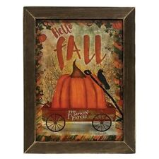 New Primitive Farmhouse Rustic HELLOW FALL CROW PUMPKIN WAGON PICTURE Sign 17