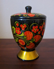 Russian USSR Khokhloma Jar w/ Lid Hand Painted Lacquer Wood Strawberries picture