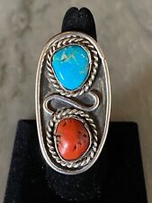 Vintage Navajo Native American Coral And Turquoise Sterling Ring picture