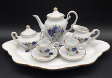 Vtg Miniature Doll/Display Tea Set Elegant Blue and White Rose Pattern Gilt 10pc picture