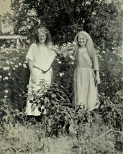 Two Women With Long Hair & Glasses Standing In Flowers B&W Photograph 2.5 x 4.25 picture