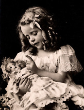 RPPC German Girl w/ Curly Hair & Her Doll STUNNING Studio Photo VINTAGE Postcard picture