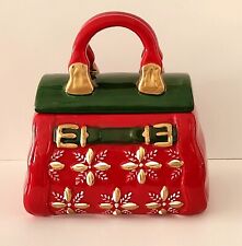 VTG Christmas/Holiday Purse Cookie Jar by David’s Cookies Red Green & Gold 7