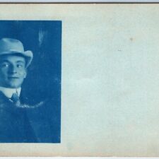 1900s UDB Handsome Young Man CYANOTYPE RPPC Unique Hat Smirk Side Eye Photo A173 picture