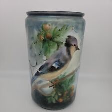 Antique C 1900 Czechoslovakia Handpainted BlueJay Bird Cylinder Vase Signed.  picture