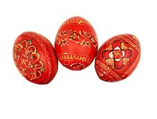 Pysanky Pisanki Hand Painted Ukrainian Wooden Easter Eggs - Pack of 3, Red  Eggs picture