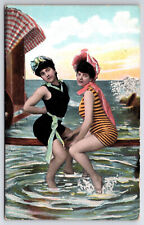 Vintage Antique C1910 Bathing Suit Postcard Two Ladies Posing On A Plank picture