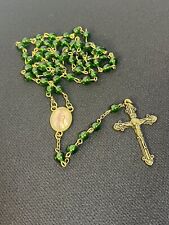 Vintage Rosary Green Glass Beads Gold Tone Crucifix Religious Spiritual picture