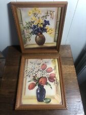 (2) VTG Wood Frame Color Lithograph Prints WINDOWSILL FLOWERS 9 x 11 with Glass picture