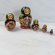 Vintage Hand Painted Russian Wood Nesting Dolls Matrioska Red Black 5 Piece Set picture