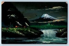 Handpainted Postcard Art Mt. Fuji Hand Drawn Waterfalls Night View c1910's picture