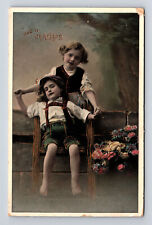 c1913 Portrait German? Boy & Girl Brother Sister Flowers Burden KS Postcard picture