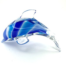 Vintage Blue Swirl Blown Hand Art Glass Dolphin Figurine Paperweight picture