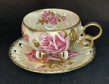 Vintage ROYAL SEALY China Reticulated Lustreware Roses Tea Cup and Saucer Set picture