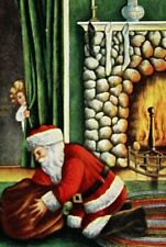C. 1910 Santa Claus Little Girl Peaking by Fireplace Gold Embossed Postcard picture