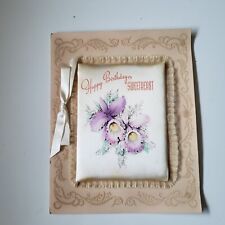 Vtg 1940s Happy Birthday Sweetheart Card Orchid Flower Glitter Satin Ribbon Lace picture