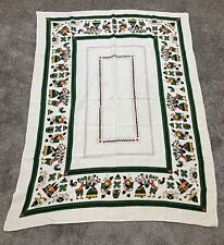 Vintage 1960s Parisian Prints Folk Art Linen Tablecloth Hearts Rectangle 50 X 66 picture