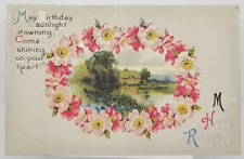 1911 Birthday MANY HAPPY RETURNS Cottage Landscape Art Antique Postcard picture