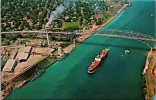 Vtg Port Huron Michigan MI Boat Ship Blue Water Bridge 1960 Aerial View Postcard picture