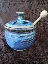 Vintage Studio Art Pottery Honey Pot w/ Dipper Signed Gorgeous Multi Blue Glaze picture